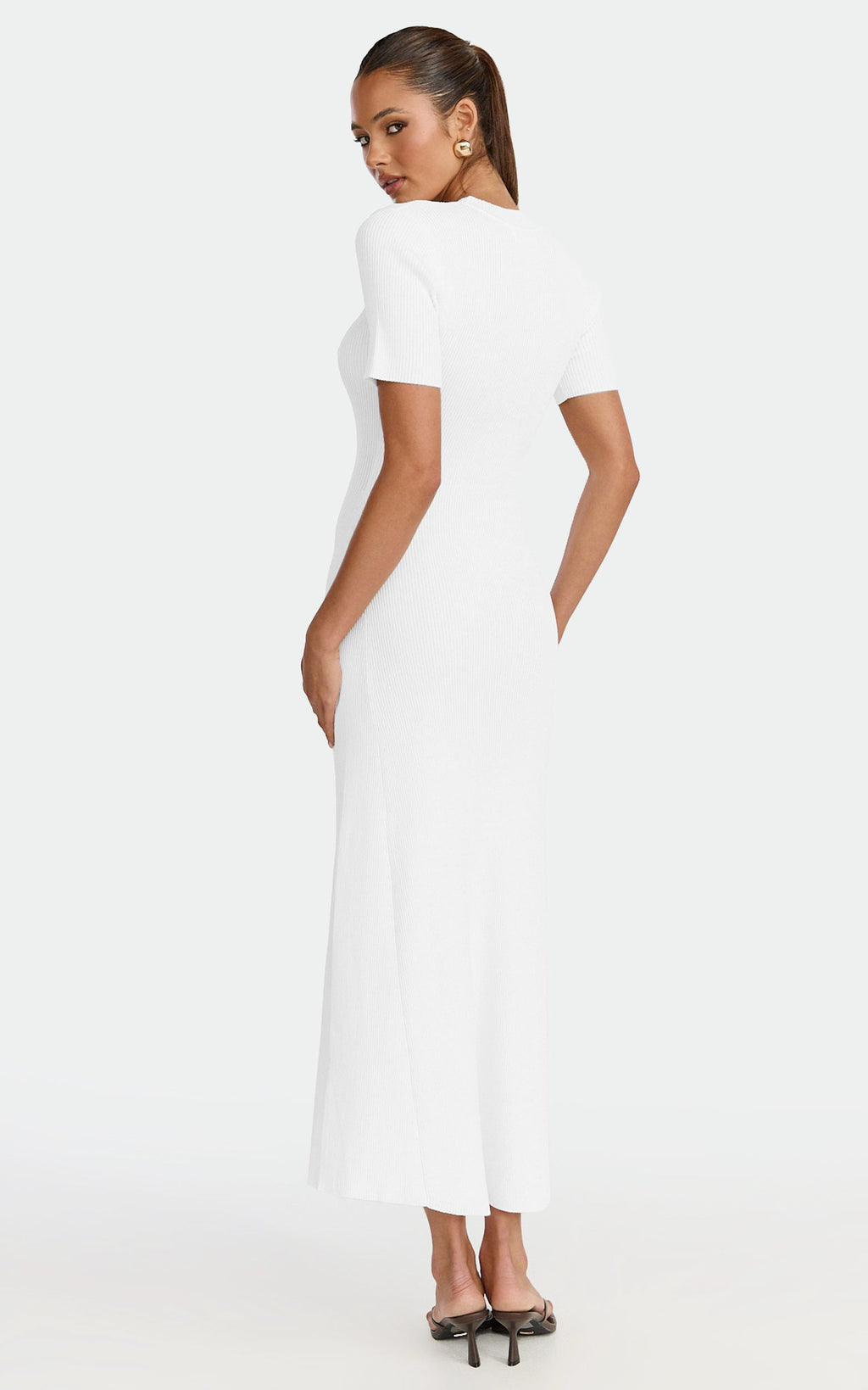 Lanie Midi Dress - Knitted Crew Neck Short Sleeve Dress in Cream