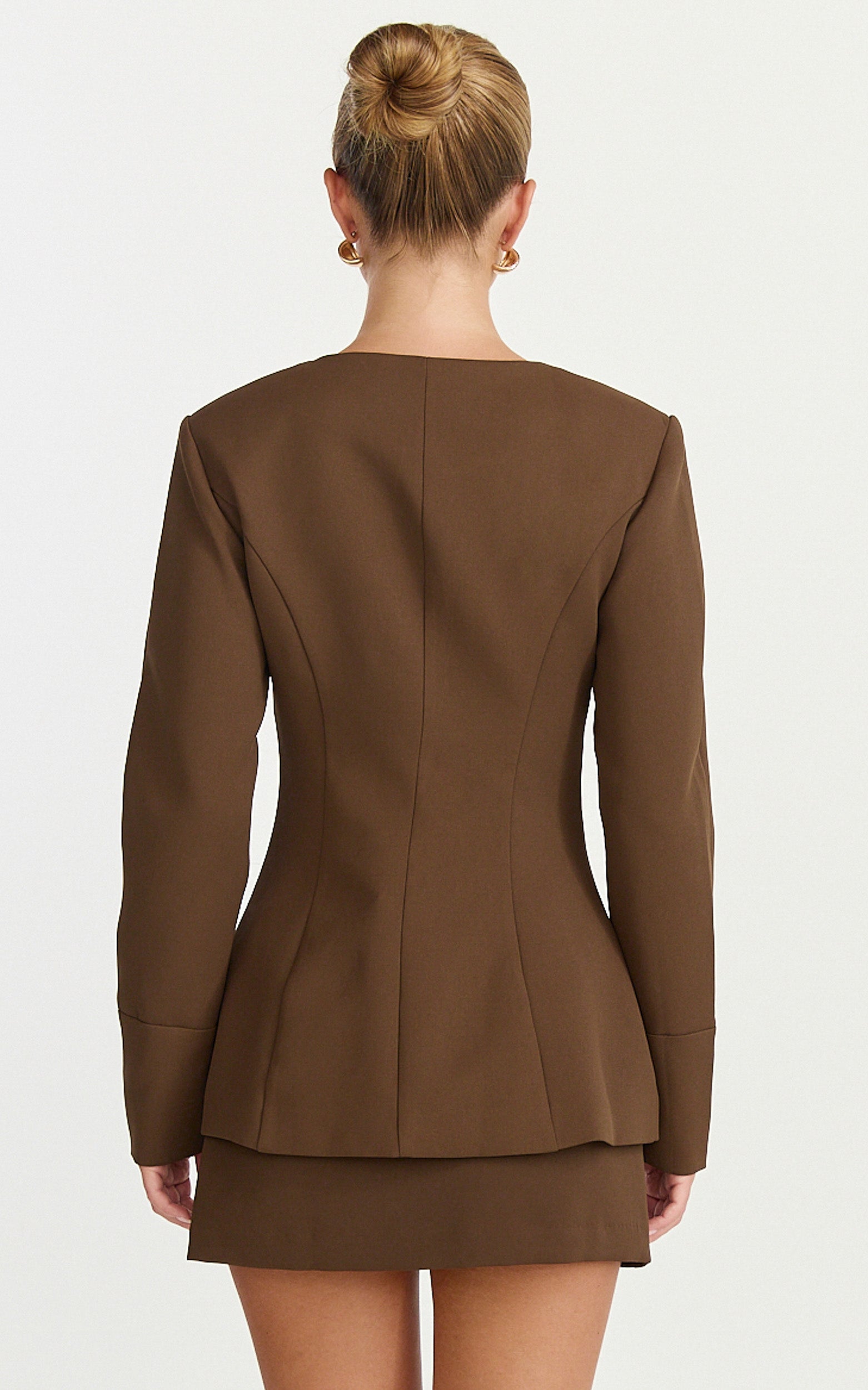 Mikey Jacket - Tailored Long Sleeve Collarless Jacket in Chocolate