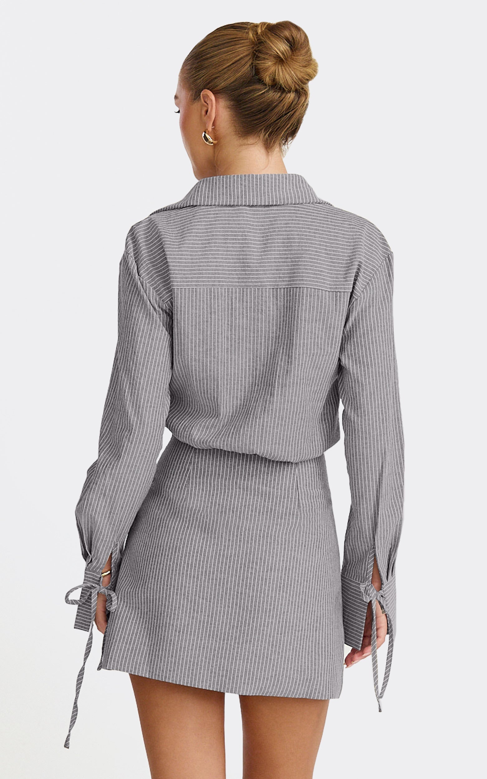 Heath Mini Dress - Collared Button Up Shirt Dress in Grey Stripe