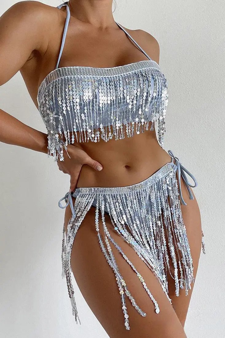 Blue Sparkly Halter Silver Sequin Fringe Sexy 2Pc Swimsuit Bikini