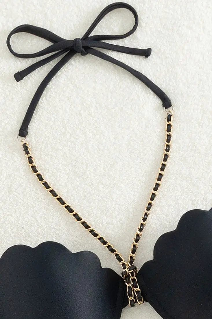 Black Wired Shell Cup Chain Halter High Waist Cheeky 2 Pc Swimsuit Set