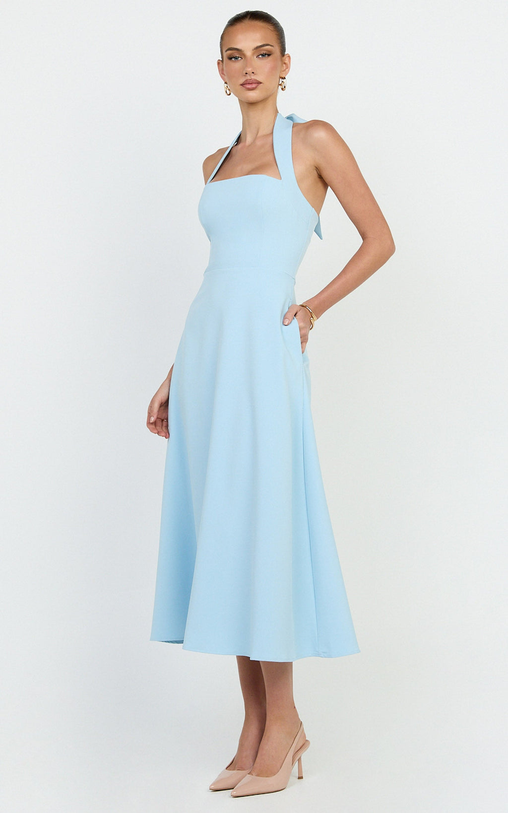 Karissa Midi Dress - Halter Neck Fitted Bodice Midi Soft A Line Skirt Dress in Pale Blue