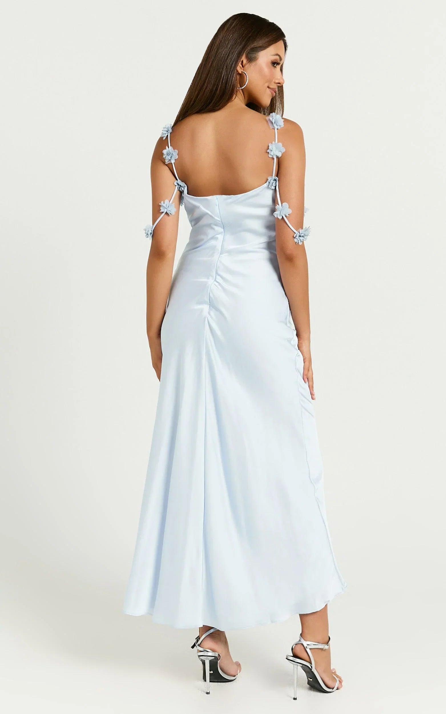 Lyka Midi Dress - Floral Straps Satin Dress in Light Blue