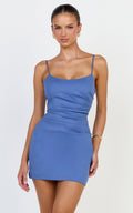 Liora Mini Dress - Low Back Scoop Neck Pintucked Dress in Steel Blue