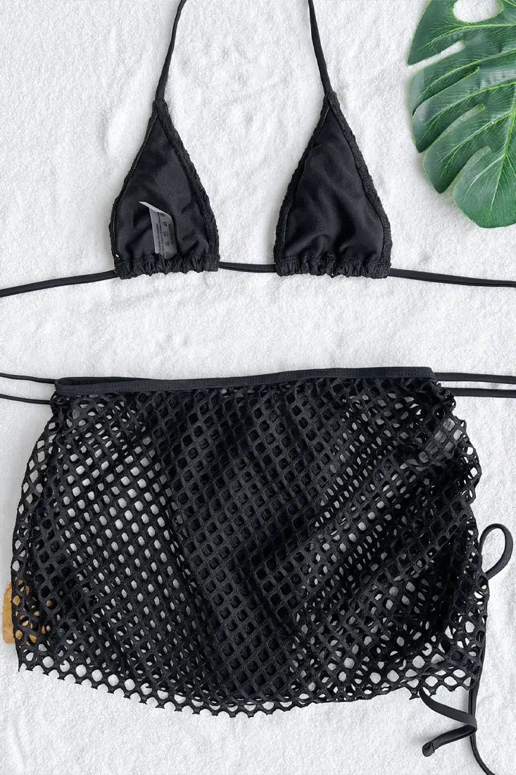 Black Netted Narrow Top Cheeky Bottom Cover-Up 3Pc Swimsuit Set