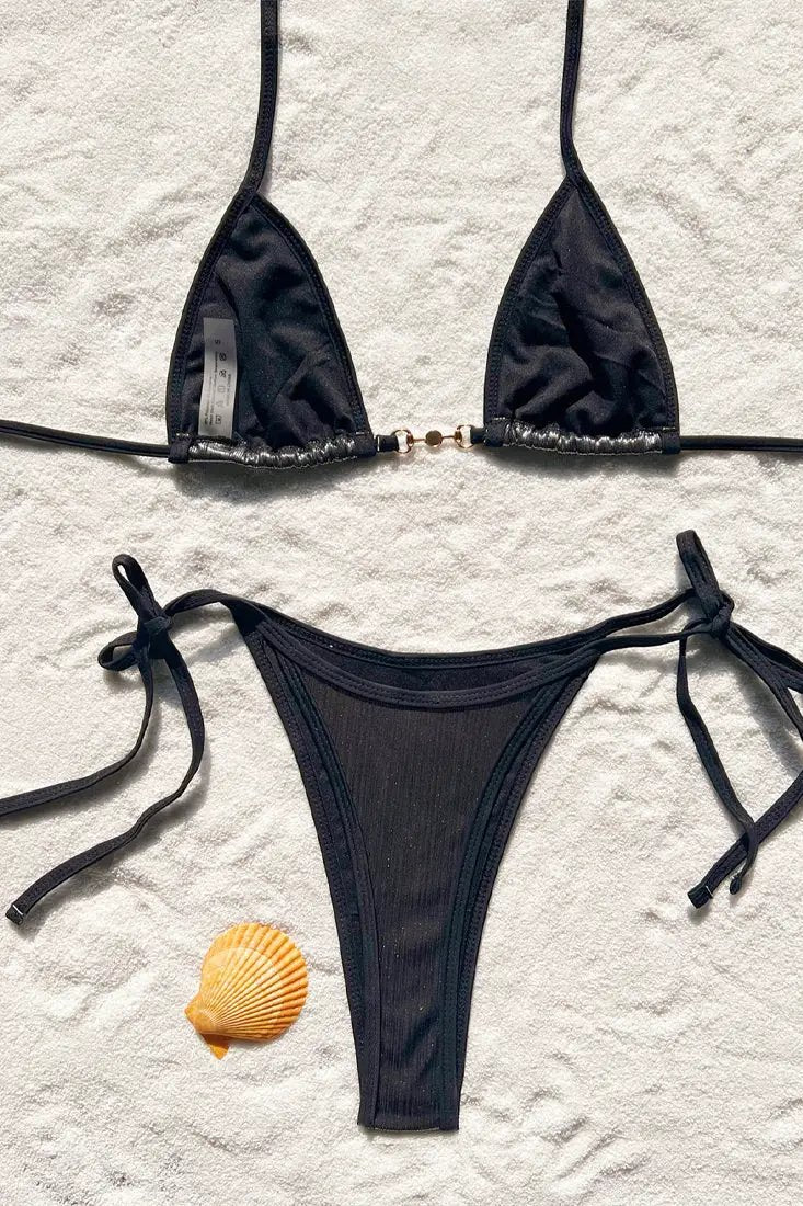 Black Shiny Pearl Designer Buckle Triangle Thong Sexy 2Pc Swimsuit Set