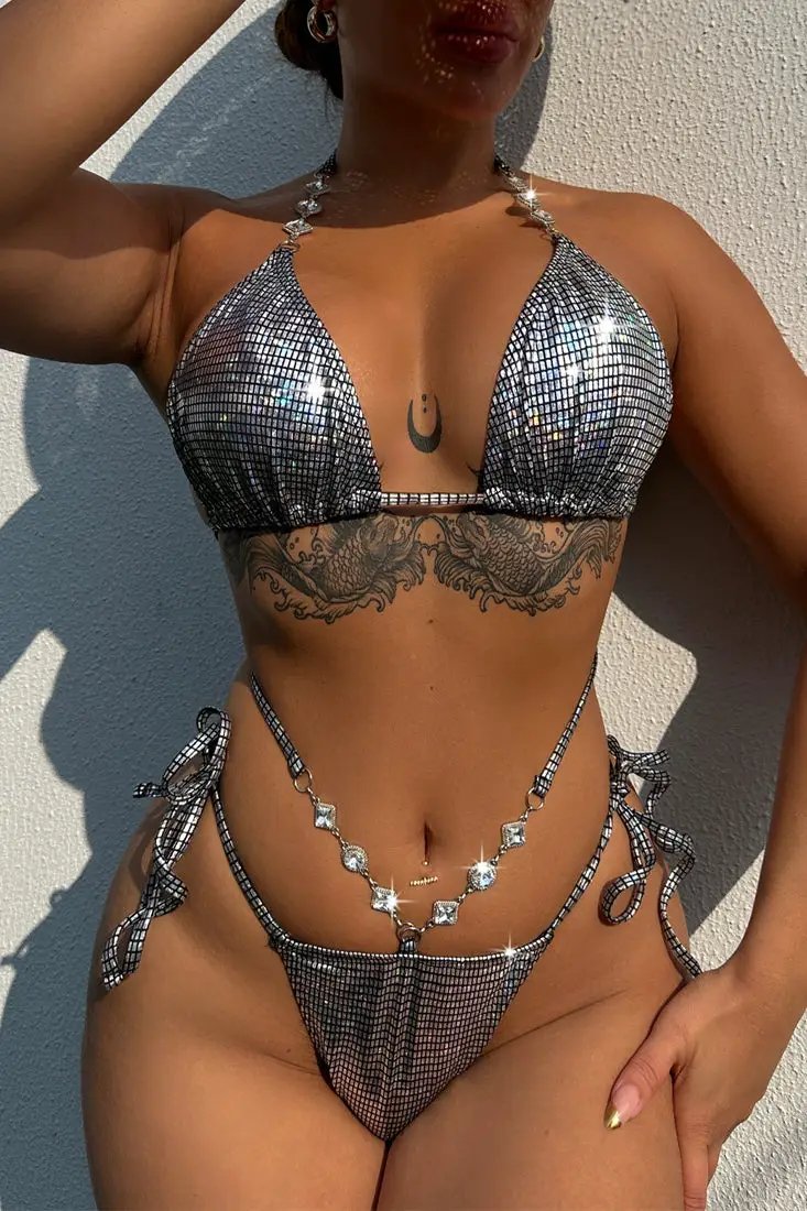 Silver Holographic Rhinestones Strap Sexy 2Pc Swimsuit Set