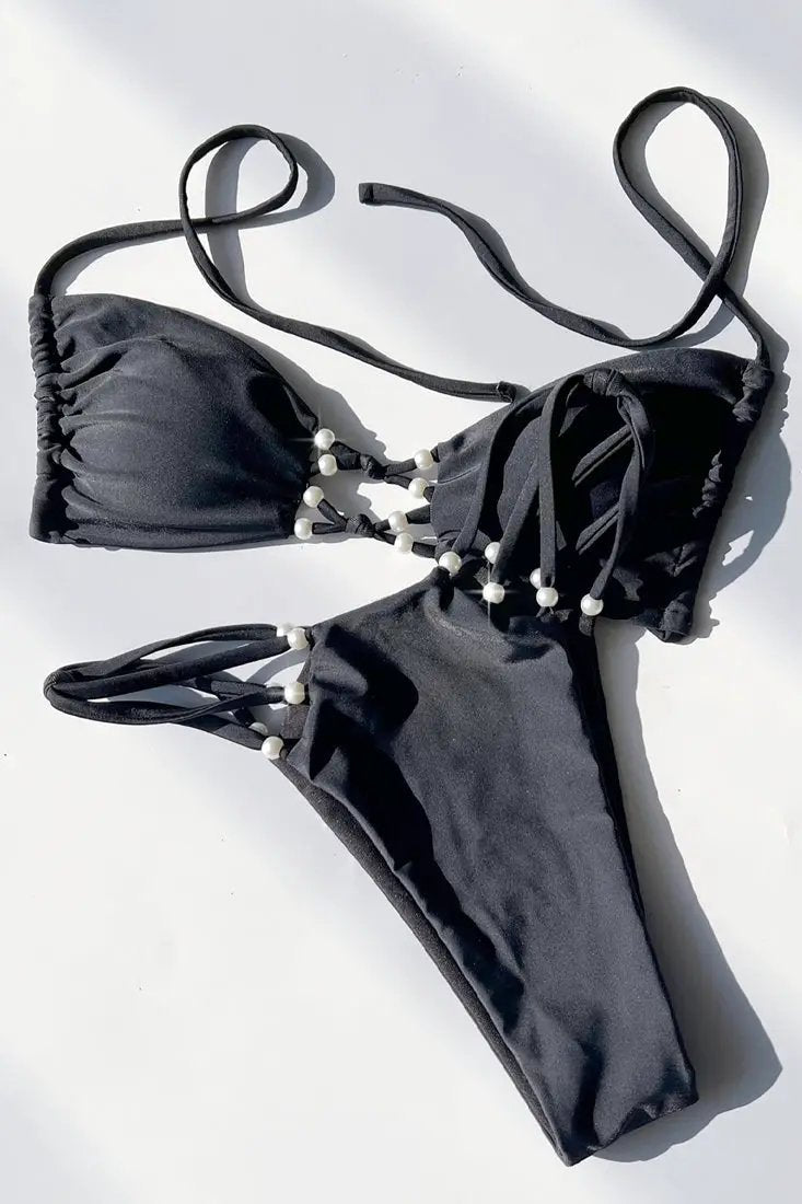 Black Strappy Pearls Sexy Bikini Cheeky 2Pc Swimsuit Set