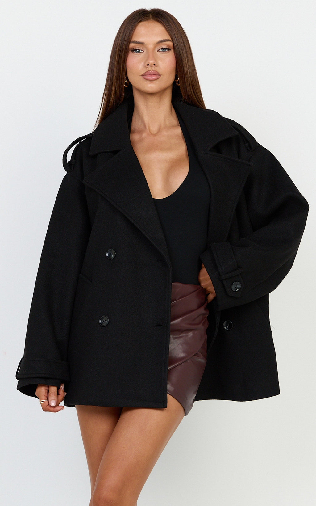 Saskia Coat - Double Breasted Short Wool Like Coat in Black