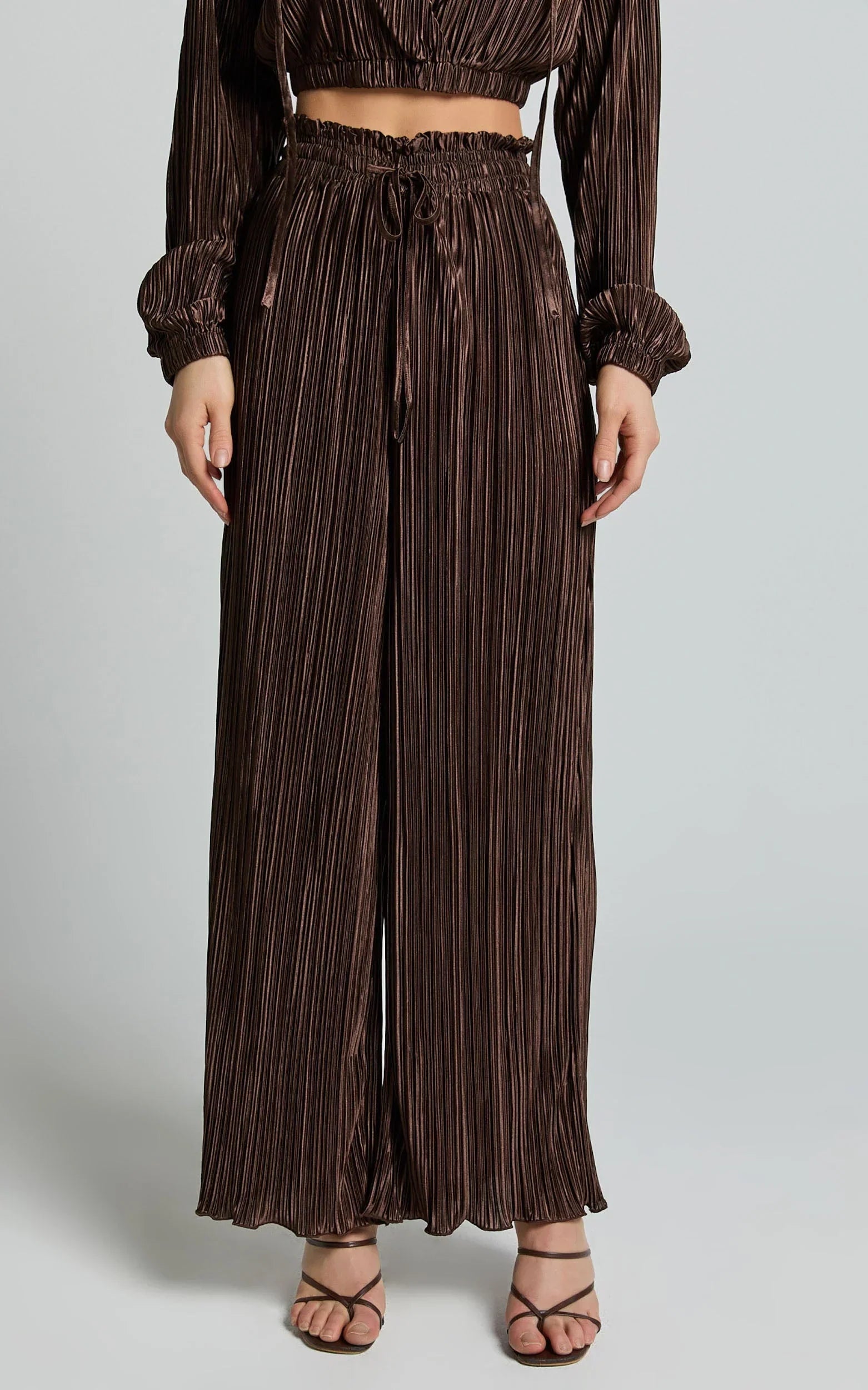 Kallie Pants - High Waist Drawstring Plisse Pants in Chocolate