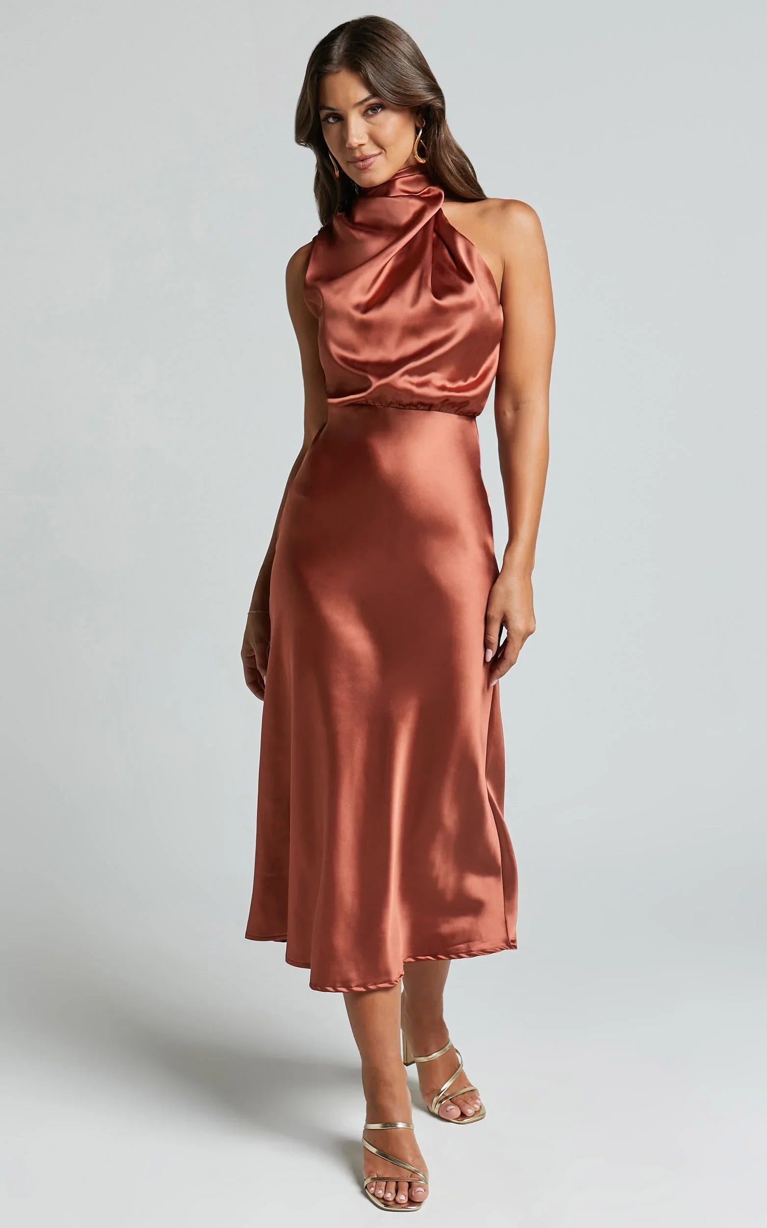 Minnie Midi Dress - Drape Neck Satin Slip Dress in Copper