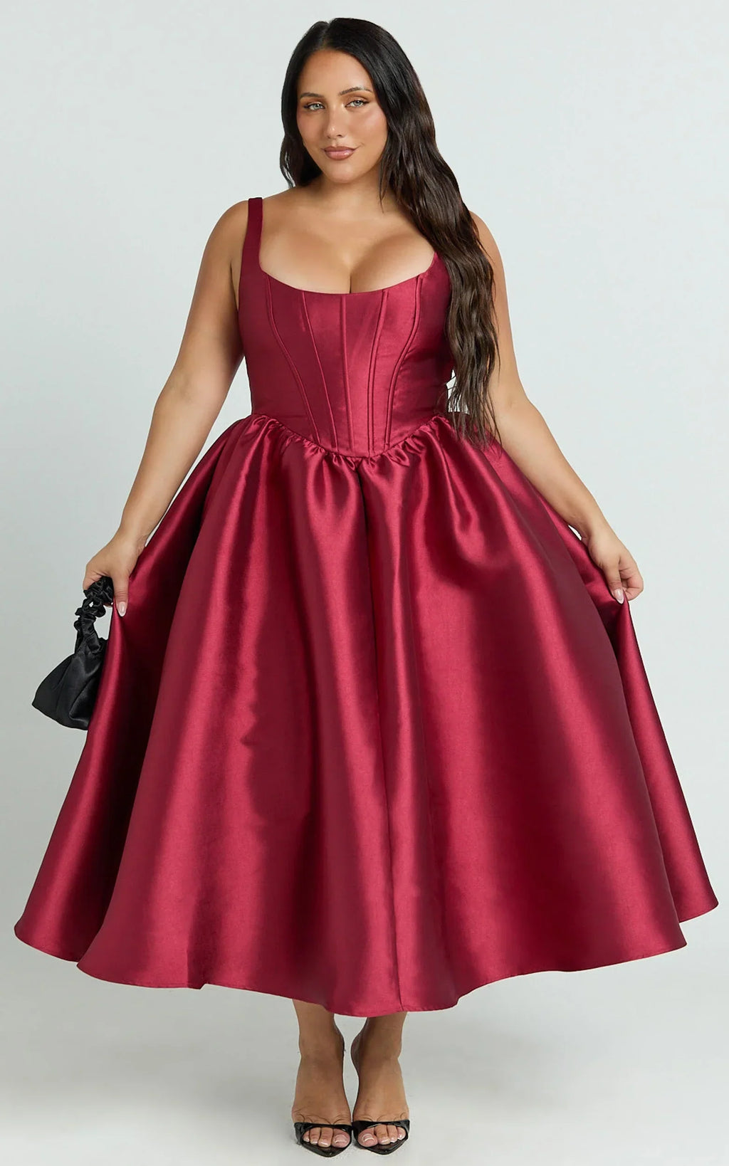 Courtney Midi Dress - Corset Panel Low Back Dress in Wine