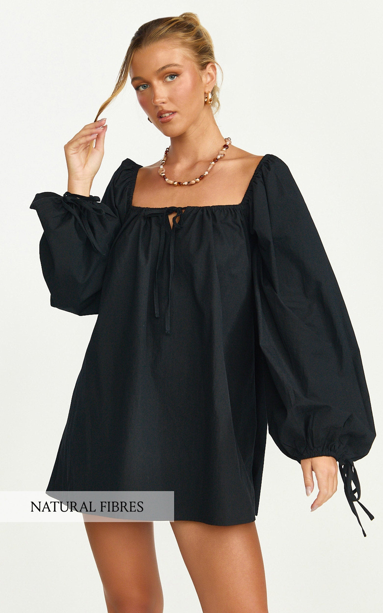 Brixton Mini Dress - Square Neck Smock Dress in Black