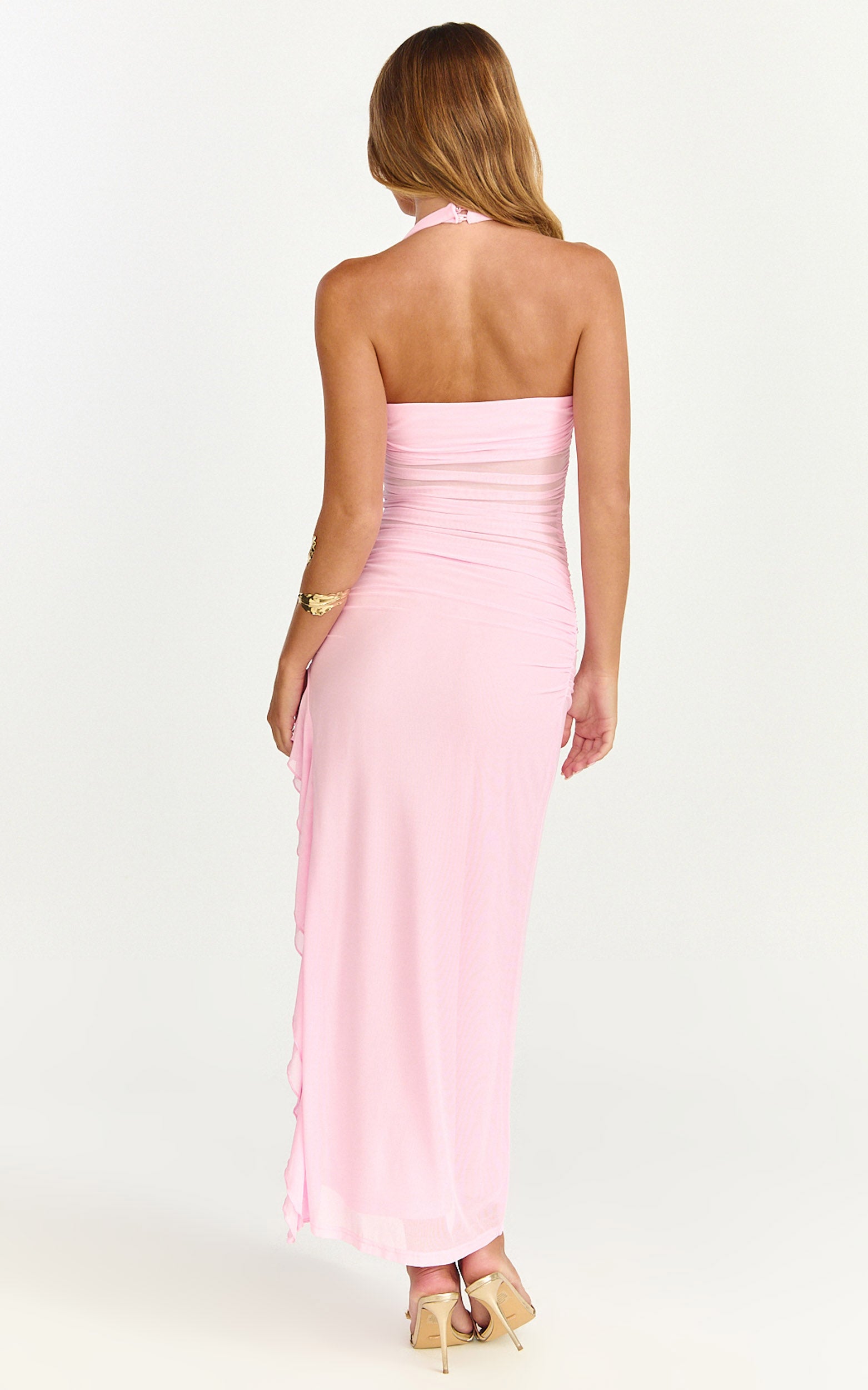 Almarie Midi Dress - Halter Neck Mesh Dress in Pink