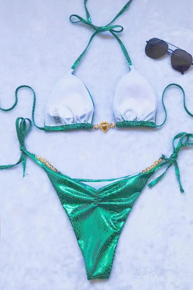 Green Snake Print Metallic Rhinestones Cheeky Ruched Bottom 2Pc Bikini Swimsuit Set