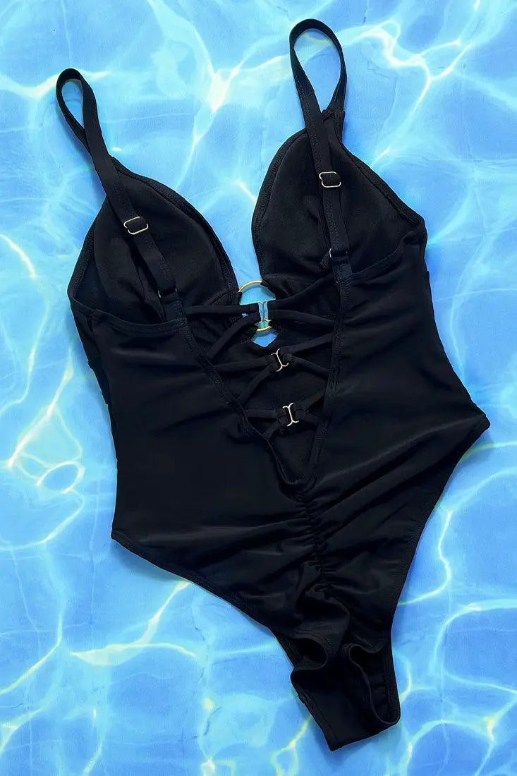 Black Push-Up Shaping Deep-V Ruched Butt Sexy 1Pc Swimsuit Monokini