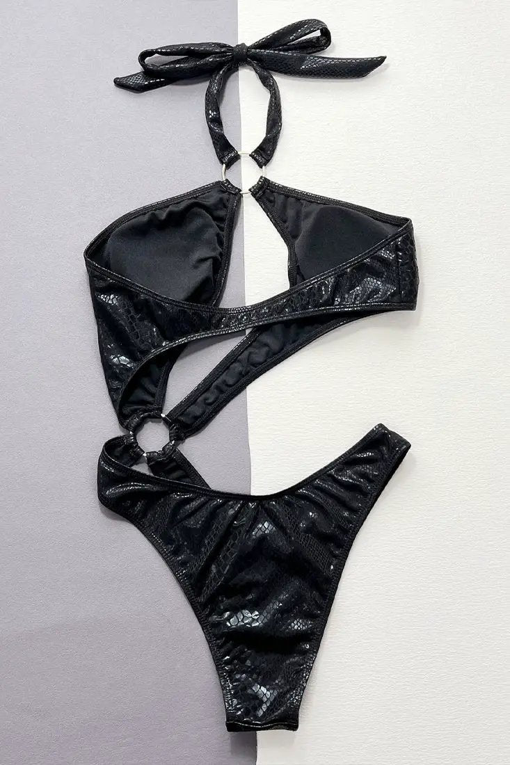 Black Shiny Snake Print Asymmetric Cut-Out O-ring Sexy 1Pc Swimsuit Monokini