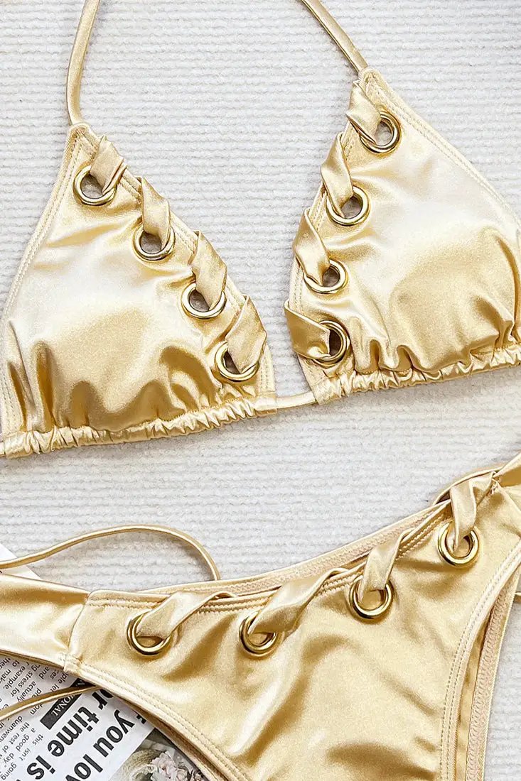 Yellow Satin Ribbon Band Sexy Bikini 2Pc Lux Swimsuit Set