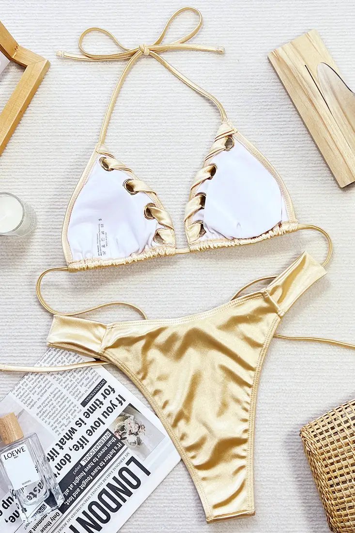 Yellow Satin Ribbon Band Sexy Bikini 2Pc Lux Swimsuit Set