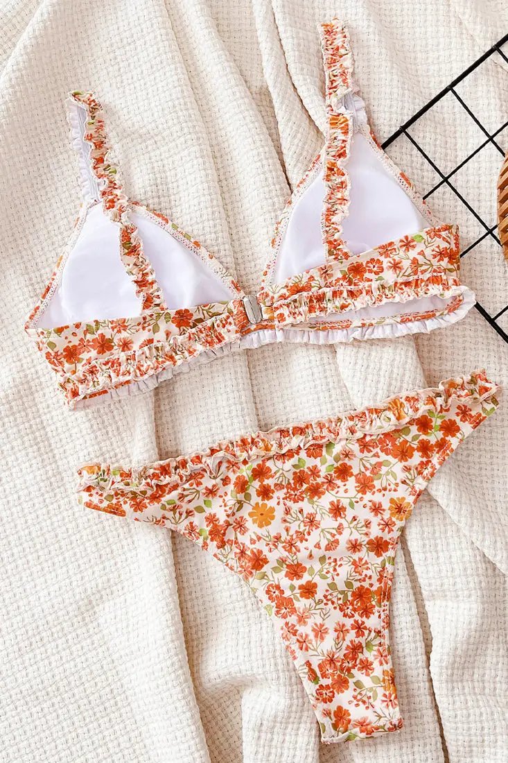 Orange Flower Print Ruffle  Cheeky 2Pc Sexy Bikini Swimsuit