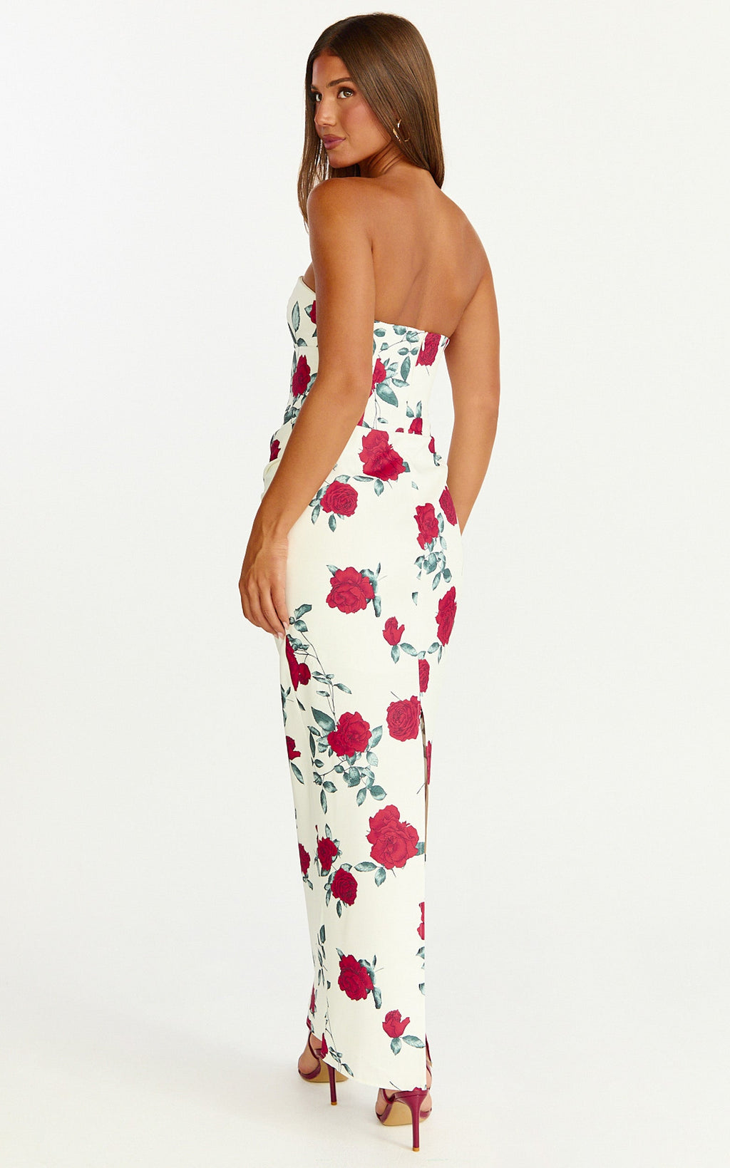 Dahlia Midi Dress - Strapless Draped Cowl Waist Fitted Dress in Scarlet Rose Print