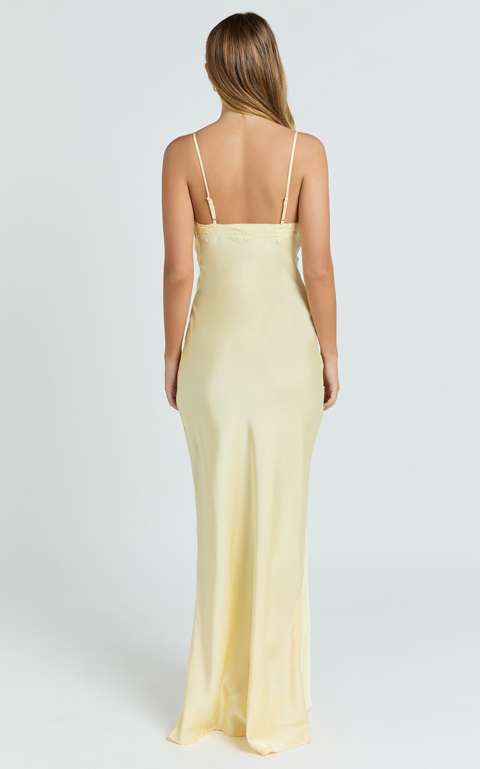 Liliane Maxi Dress - Lace Trim Bias Cut Dress in Lemon