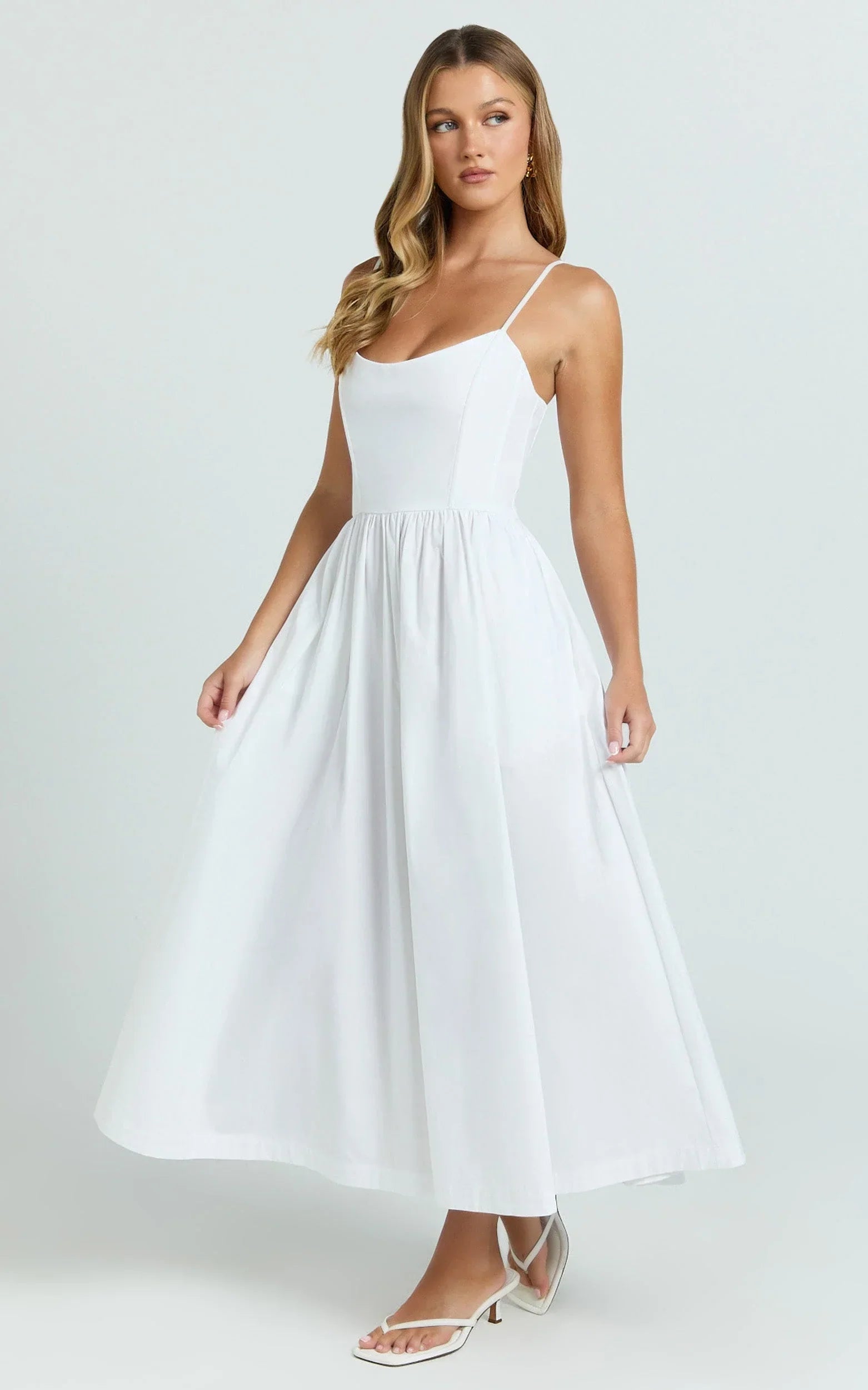 Braelyn Midi Dress - Scoop Neck Flare Dress in White