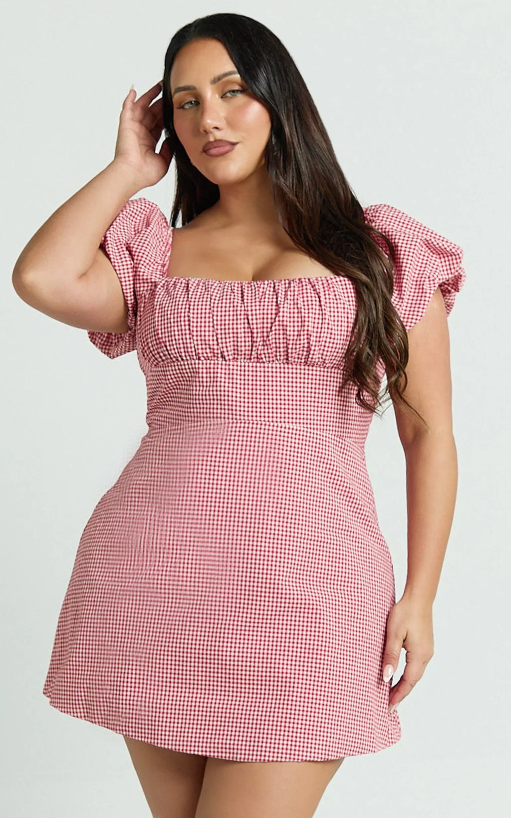 Ginny Mini Dress - Square Neck Ruched Bodice Puff Sleeve Straight Dress in Red Gingham