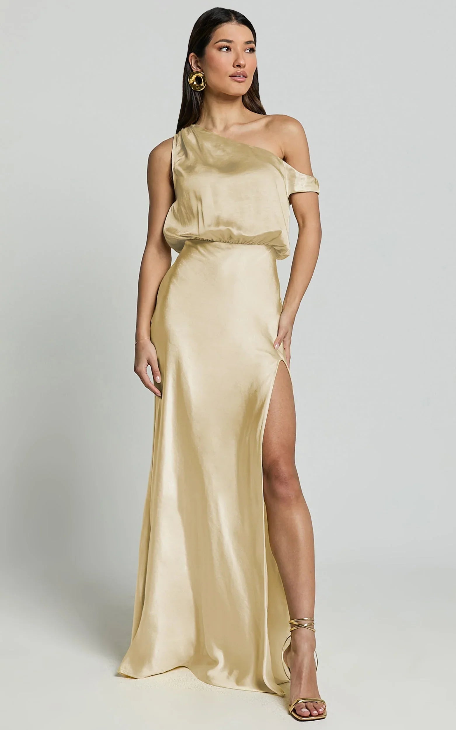 Jensen Midi Dress - Off Shoulder High Split Bias Slip Dress in Lemon