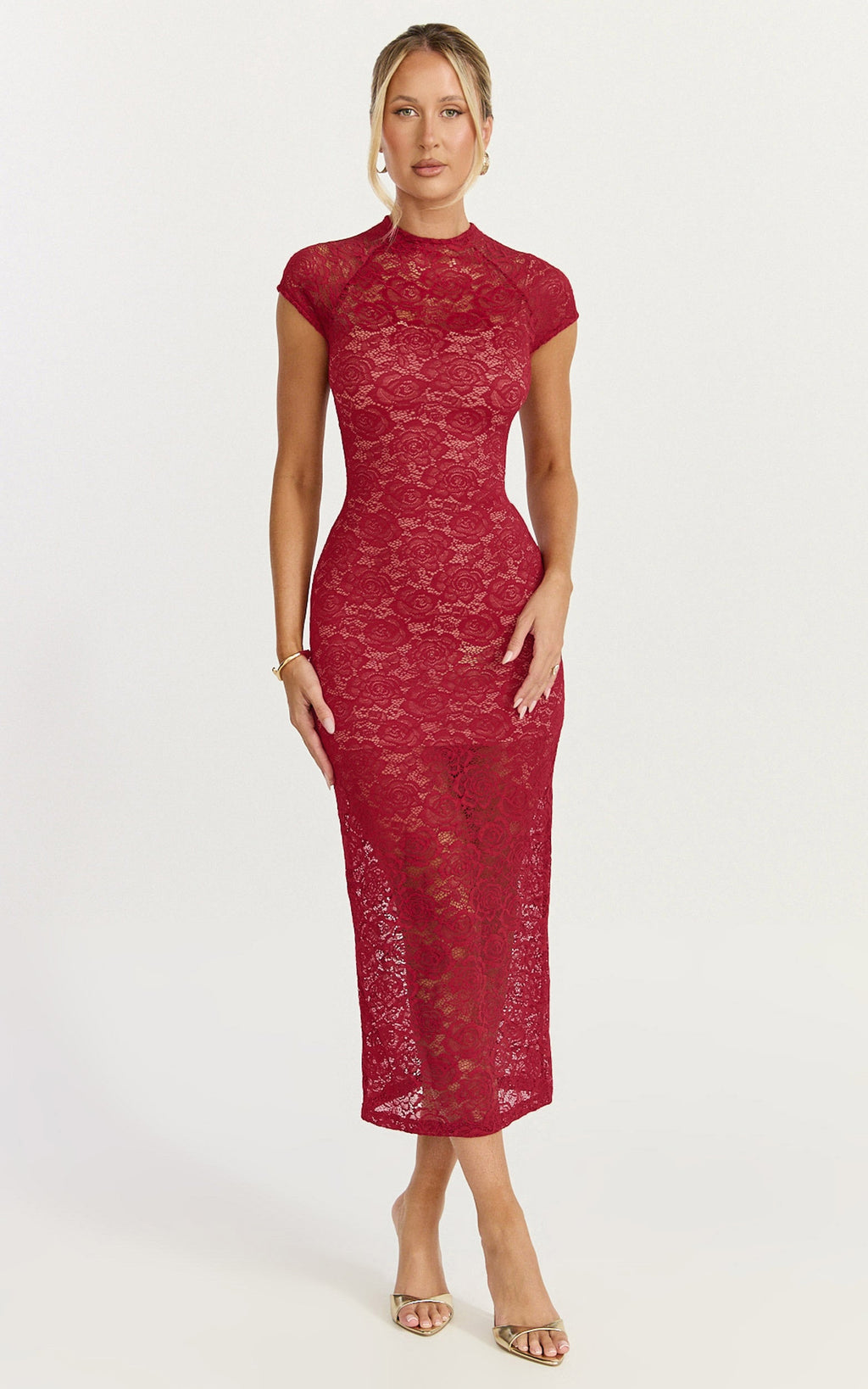 Emma Midi Dress - Lace Cap Sleeve Bodycon Dress in Wine