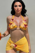Marigold 3D Hawaiian Flower Pearl Ruched Cheeky Mesh Cover-Up Sexy 3Pc Swimsuit Set