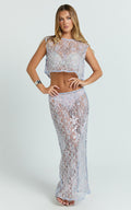 Gemmalyn Two Piece Top and Skirt Set - Sequin Lace Top And A Line Midi Skirt in Pink