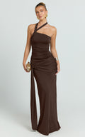 Ginny Maxi Dress - Asymmetric Neck Waist Tie Dress in Chocolate