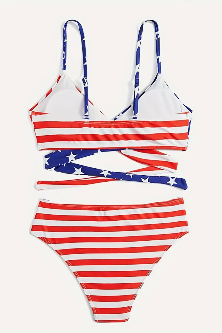 Sexy American Flag Bikini Red White Stripe Strappy 2Pc Swimsuit