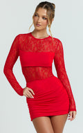 Imelda Mini Dress - Contrast Lace Long Sleeve Ruched Bodycon Dress in Red