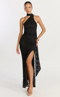 Isla Maxi Dress - One Shoulder Scarf Tie Neck Lace Dress in Black