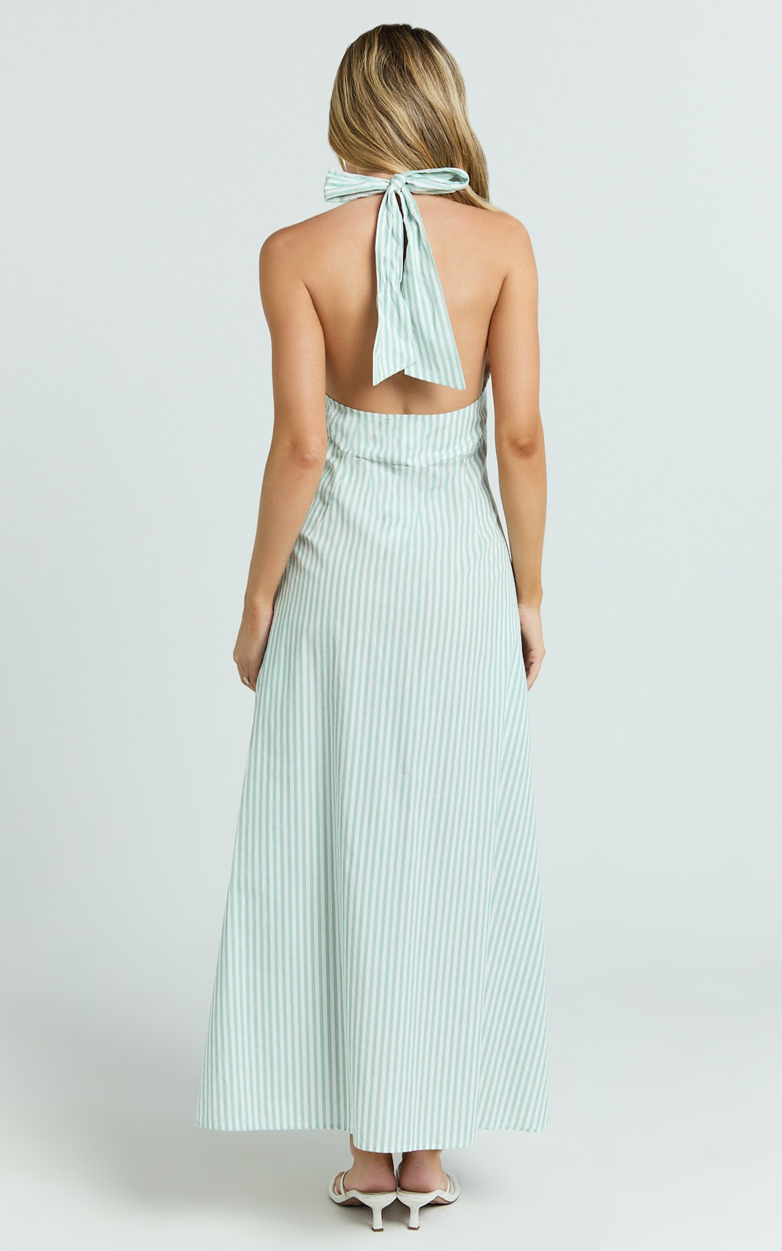 Jeienn Midi Dress - Ruched Shoulder Bodice A Line Placket Front Skirt Dress in Mint Stripe