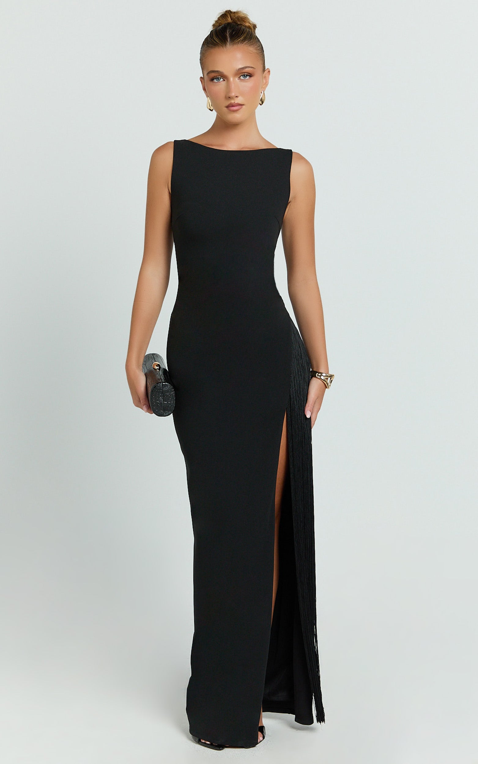 Joanne Maxi Dress - Scoop Neck Fringe Dress in Black