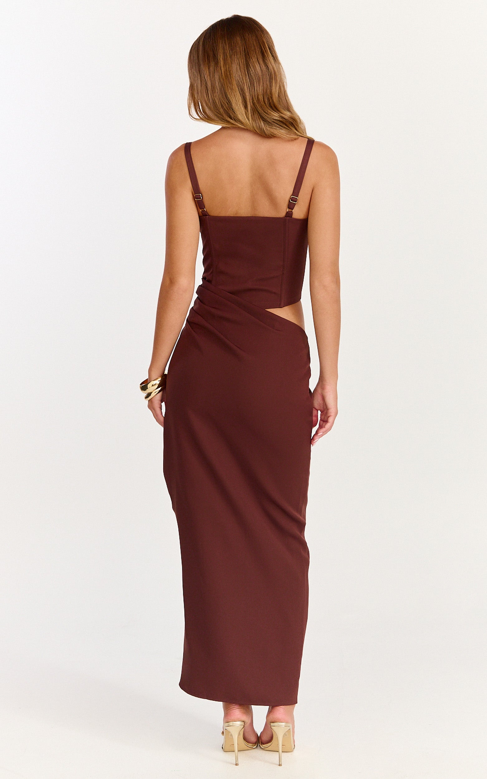 Jonas Midi Dress - Strapless Corset Bodice Draped Waist Skirt Dress in Chocolate