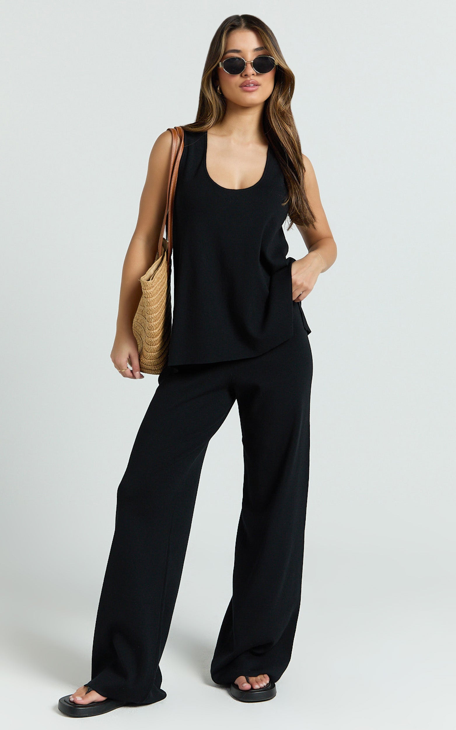 Leonie Two Piece Set - Knit Shell Top and Pant Set in Black