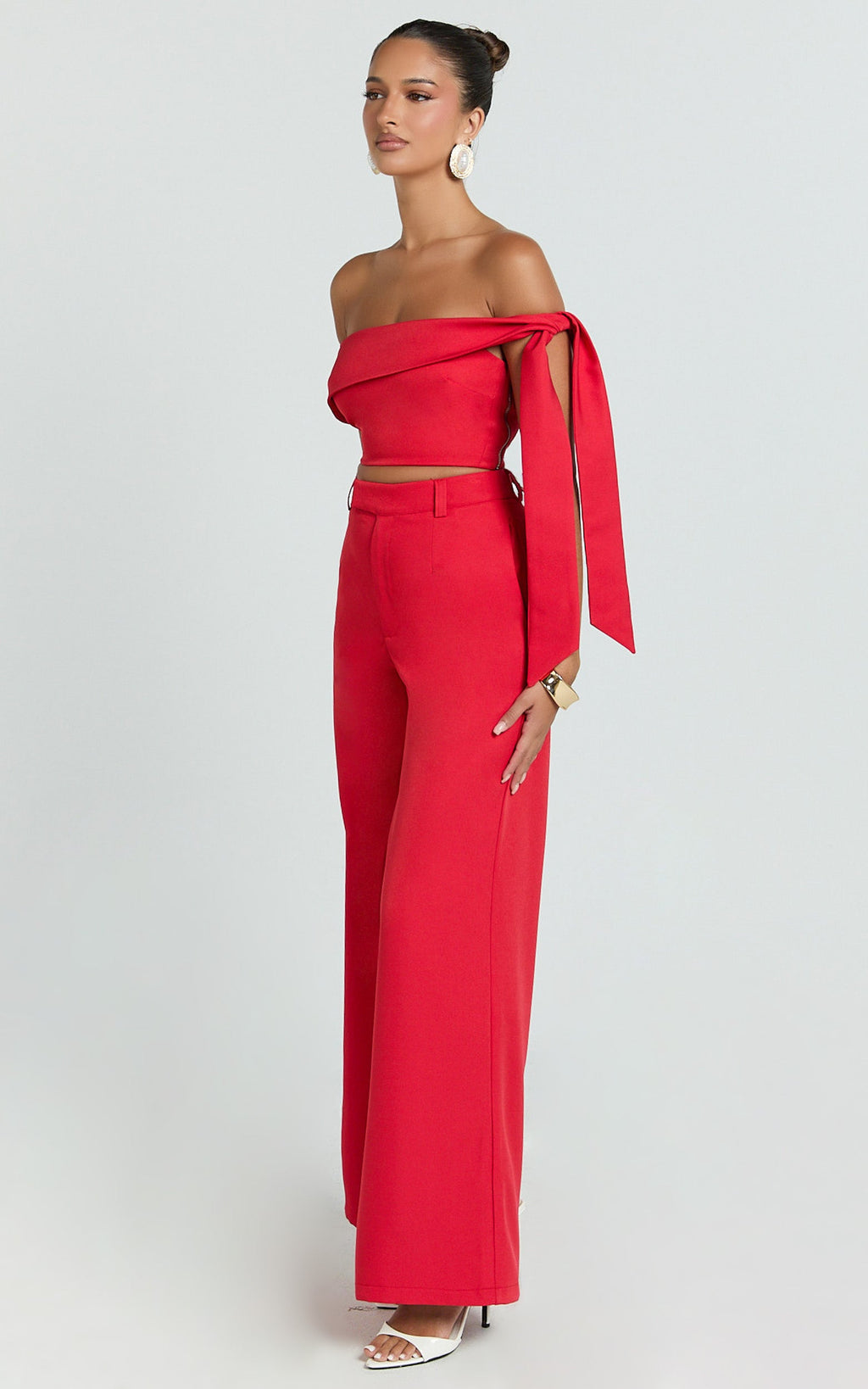 Lily Two Piece Set - Off Shoulder Tie Detail Top and Tailored Pant Set in Red