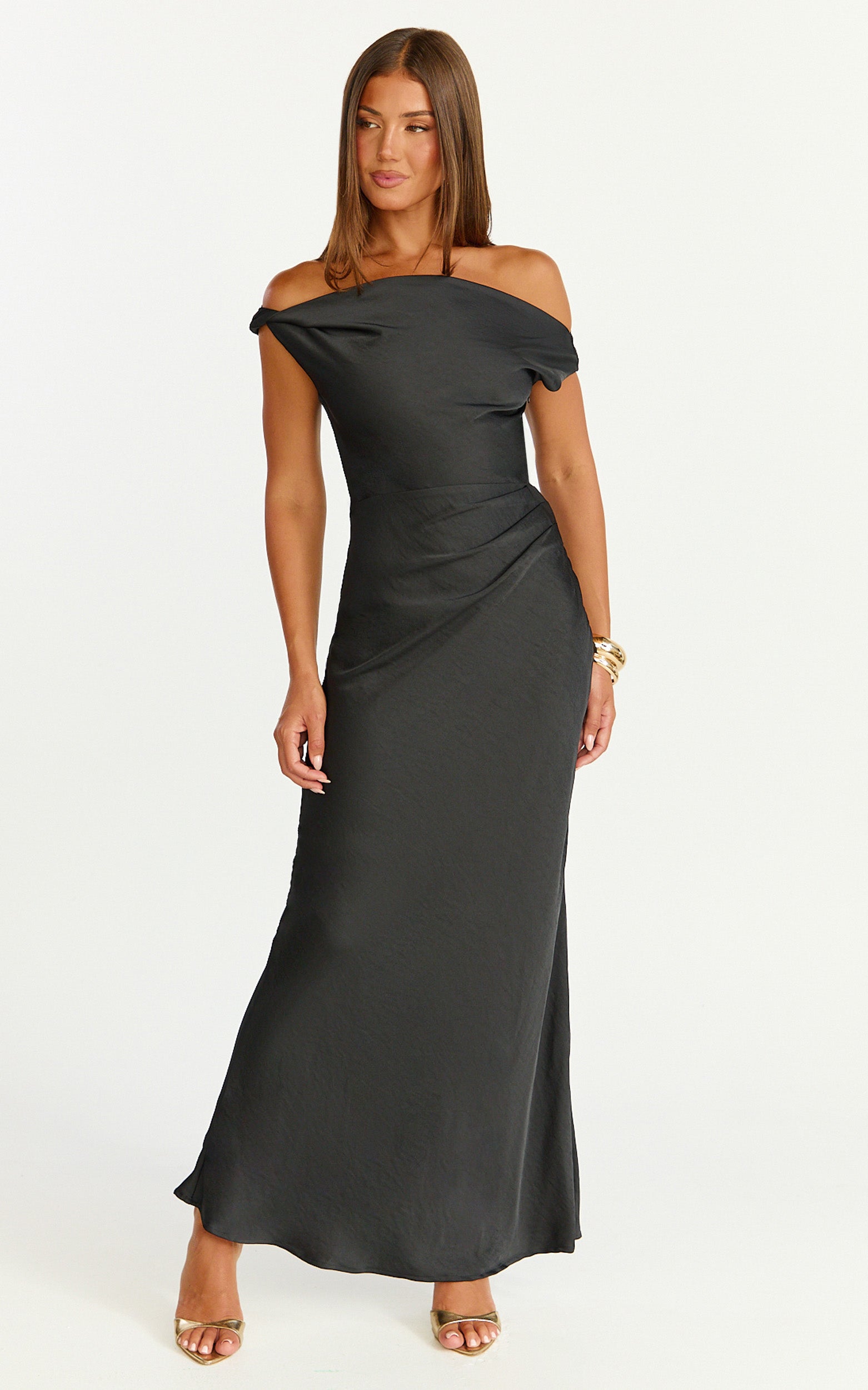 Lira Maxi Dress - One Shoulder Satin Dress in Black