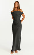 Lira Maxi Dress - One Shoulder Satin Dress in Black