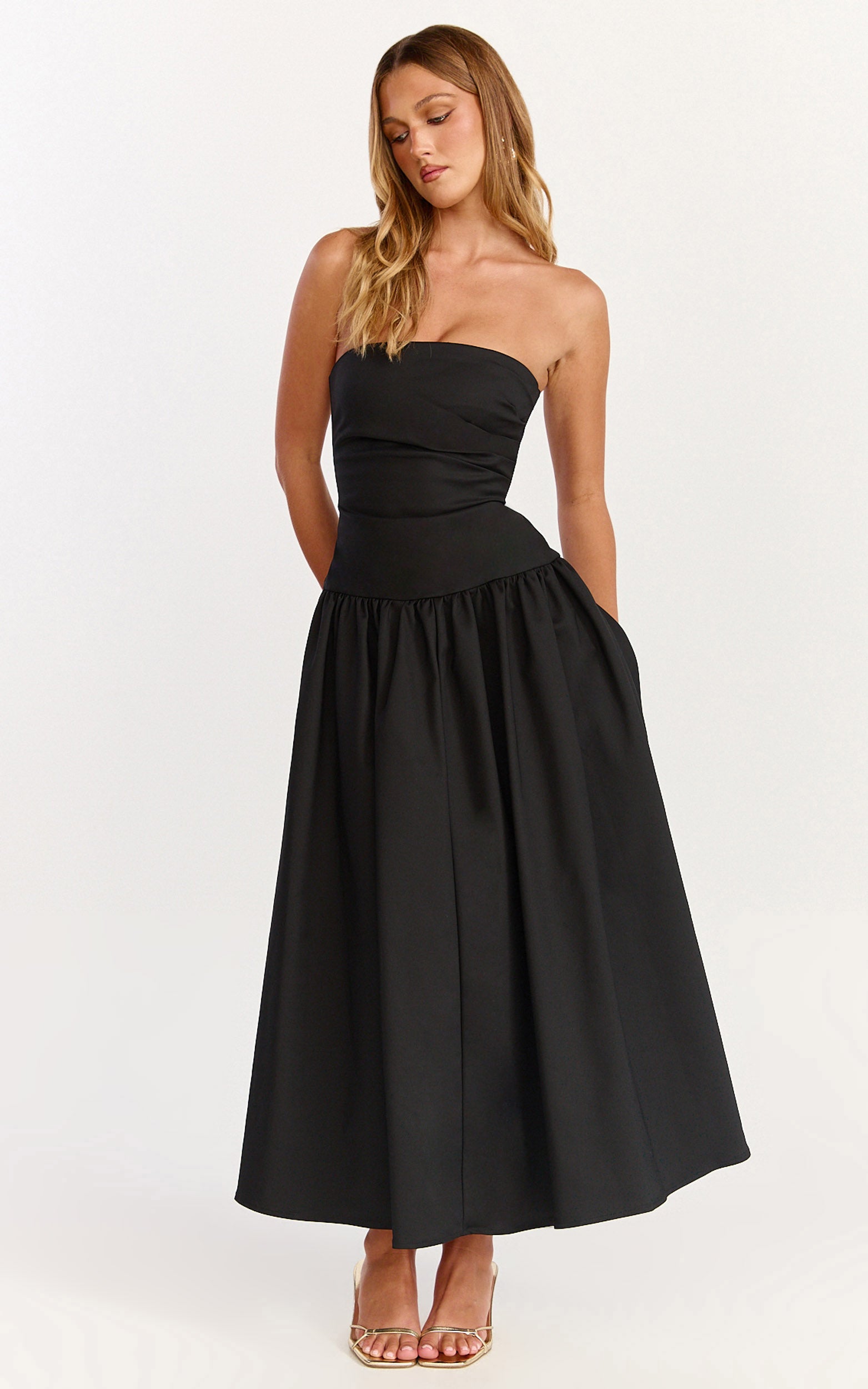 Louisa Midi Dress - Strapless Side Ruched Dropped Waist Fit And Flare Dress in Black