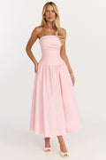 Louisa Midi Dress - Strapless Side Ruched Dropped Waist Fit And Flare Dress in Pink