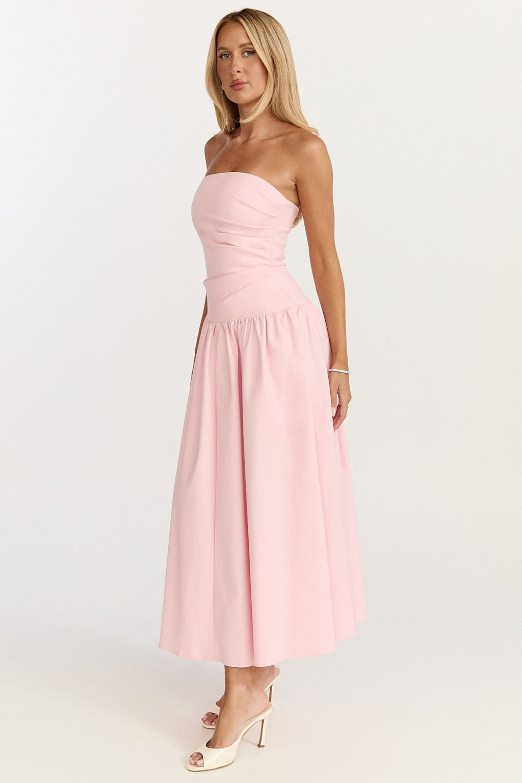 Louisa Midi Dress - Strapless Side Ruched Dropped Waist Fit And Flare Dress in Pink