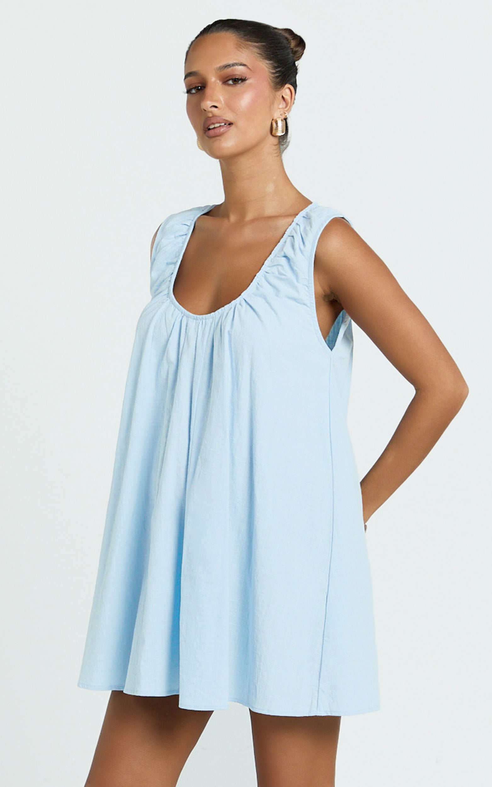 Lucinda Mini Dress - Deep U Gathered Neck Smock Dress in Pale Blue