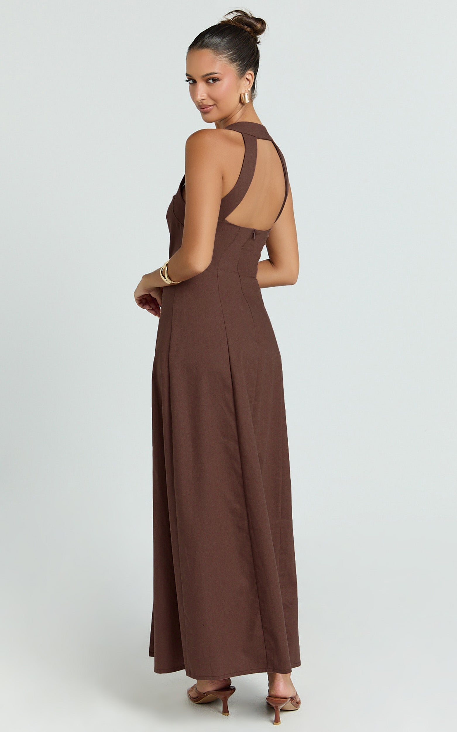 Marla Midi Dress - Square Neck Button Front Shift Dress in Chocolate