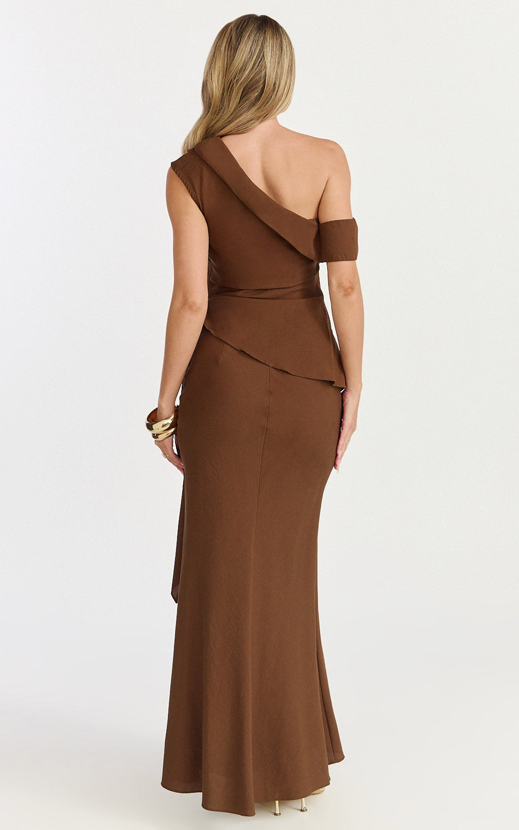 Minnie Two Piece Top and Skirt Set - Drape Off Shoulder Top and Maxi Skirt in Chocolate