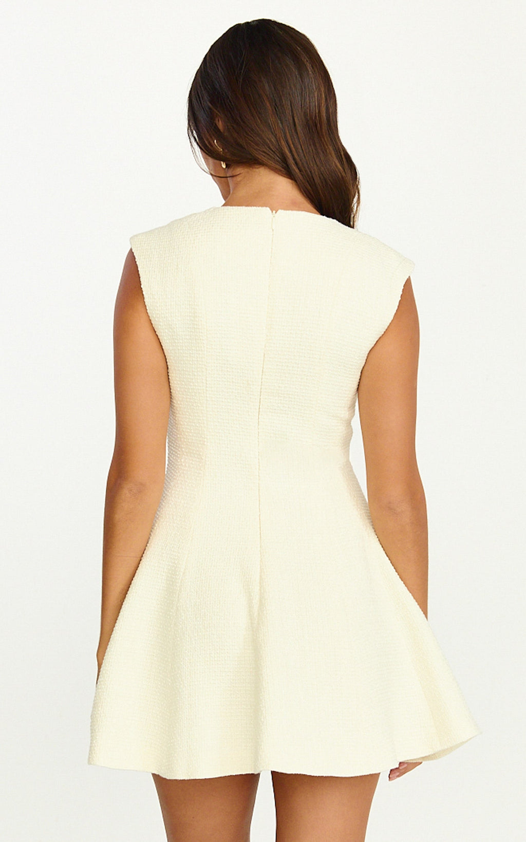 Nelson Mini Dress - Low Cut Boucle Fit & Flare Mini Dress in Cream